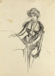Frau, die an einem Tisch sitzt, ca. 1900